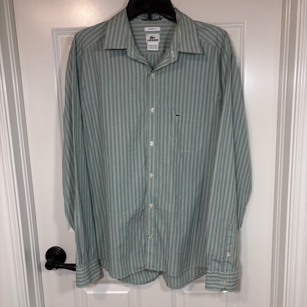 Lacoste Men's Casual Green/Purple Striped Modern Fit Long Sleeve Shirt 42